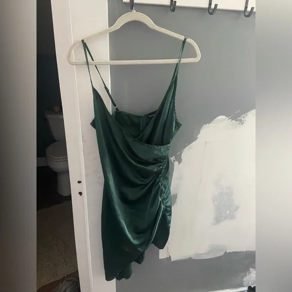 green emerald velvet dress Olive Green Wrap Satin Dress With Flutter Sleeves  Dsir Couture